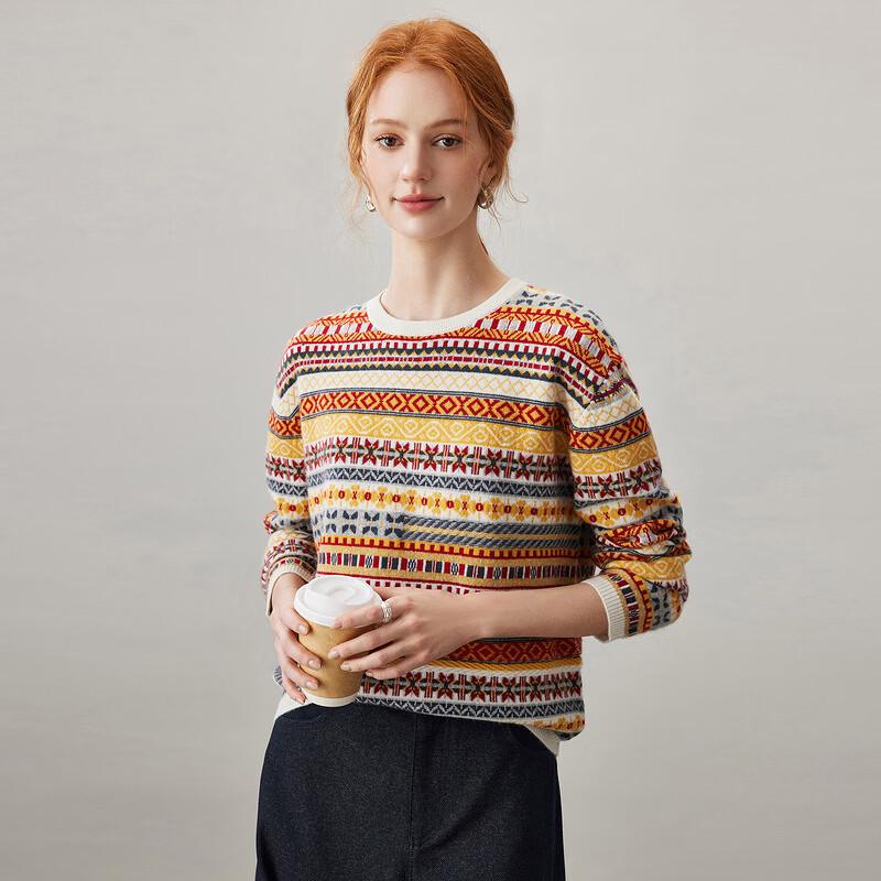 Kemonboka Women's Fair Isle 100% Cashmere Crewneck Sweater