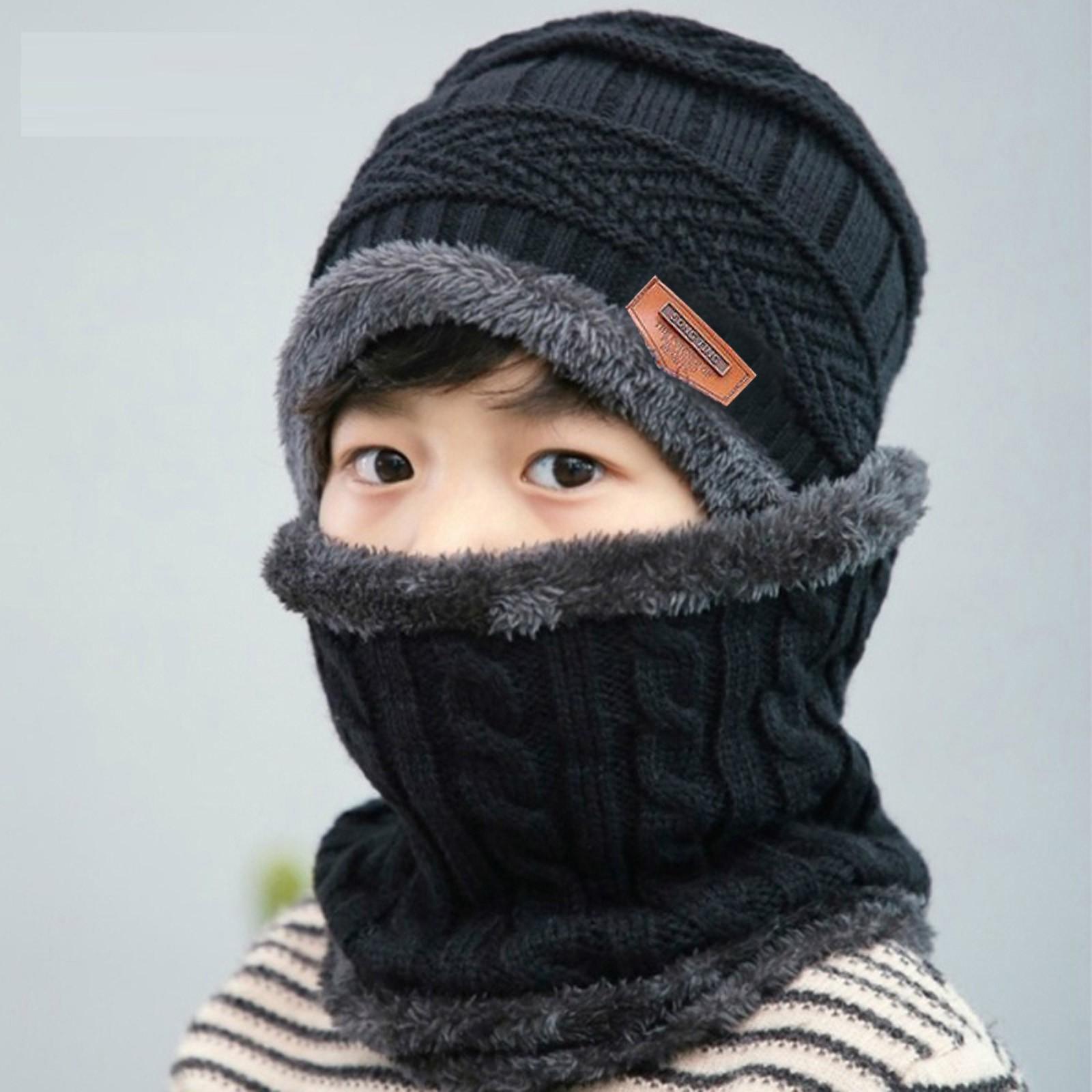 

(радость выбирать)Вязаная шапка для детей плюс бархатный теплый нагрудник, толстая шерстяная шапка, холодная шапка One Size