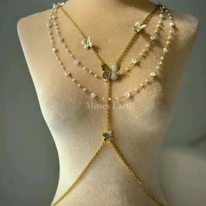 Taillenkette Kollektion~ Halskette mehrlagige Perlen-Taillenkette Brustkette Hofessen Schulterkette leichter Luxus Bein Kette einzigartiges Halsband