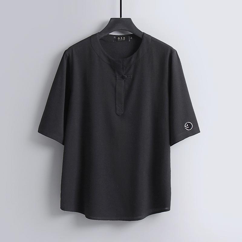 Duży rozmiar męski T-shirt w stylu chińskim ze stójką z bawełny i lnu Męska luźna koszulka letnia z półrękawem