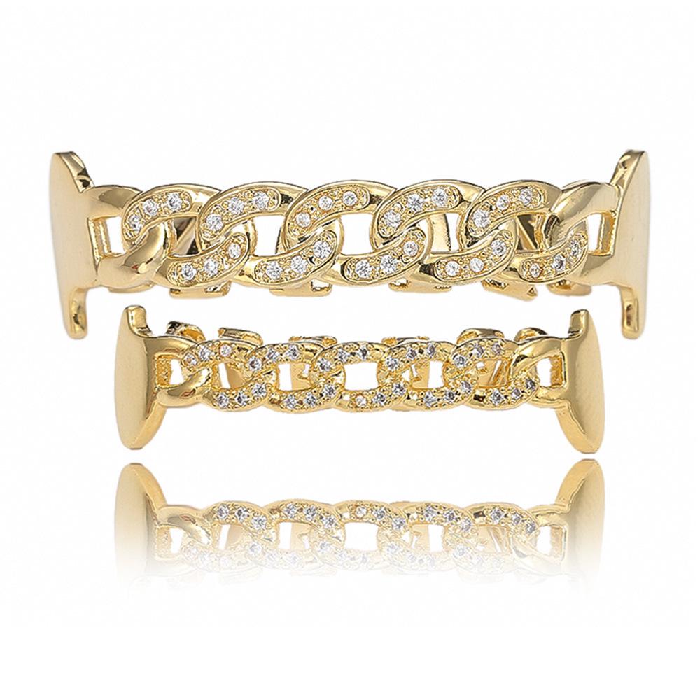 Hot-Selling European & American Hip Hop Halloween Grillz: Chain & Hollow Out Zircon Inlaid Fangs