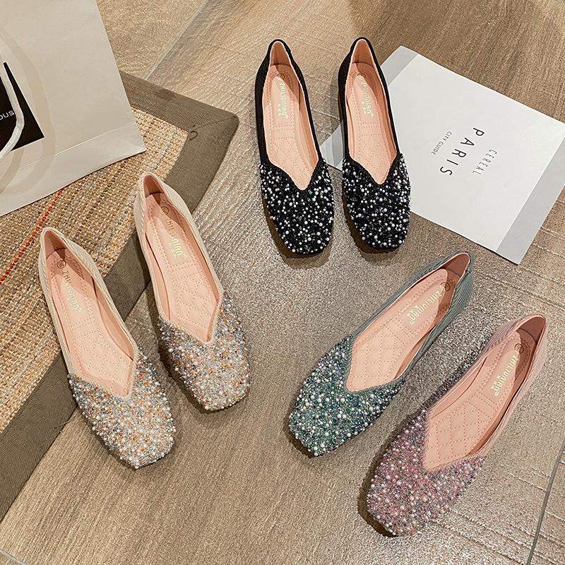 Women's Pearl Beaded Flats Shoes Spring Square Toe Loafers Female Shallow Slip On Mocasines Mujer Sequined Ballets Shoes Ladies