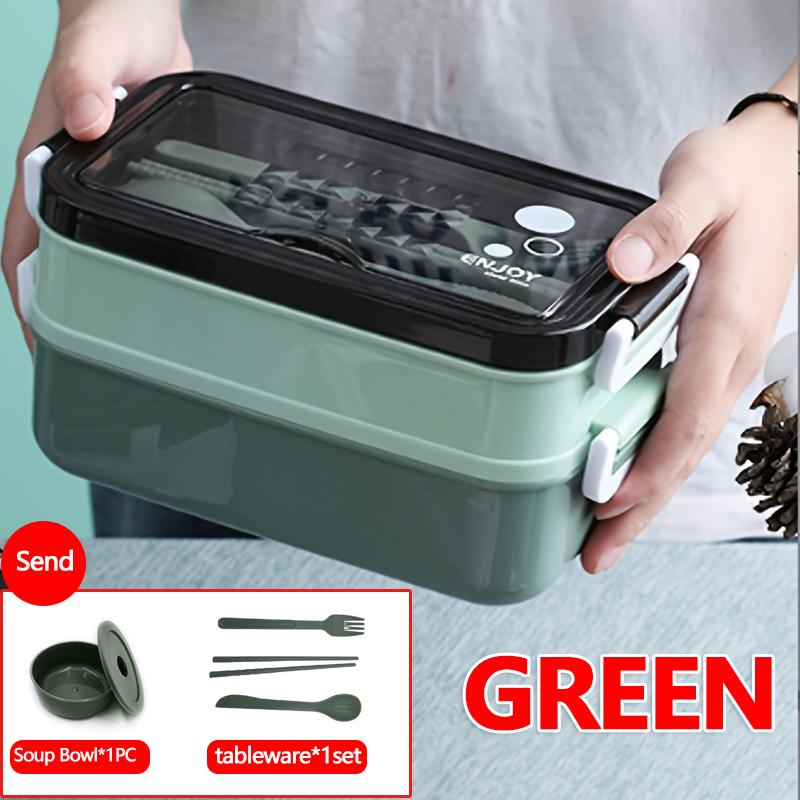 Новый ланч-бокс 2025 года 1400 мл двухслойный для микроволновой печи портативный контейнер для еды с приборами для пикника офиса школы 3 1400ml 2 зелёный 1270₽