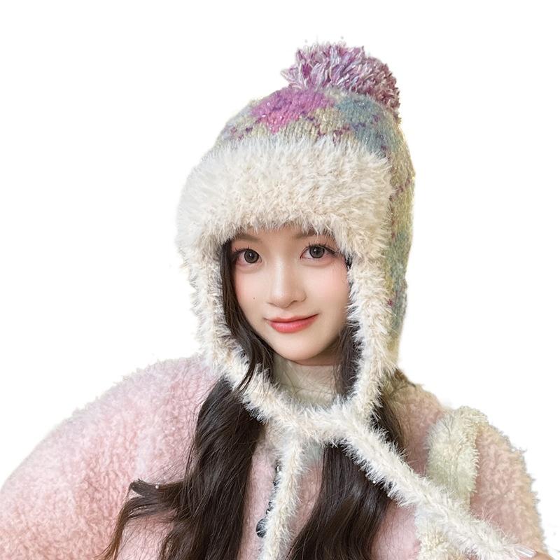 Women'S Plaid Knit Aviator Hat Fair Isle Design Winter Cap With Ear Flaps For Cold Weather Slimming Beanie Female