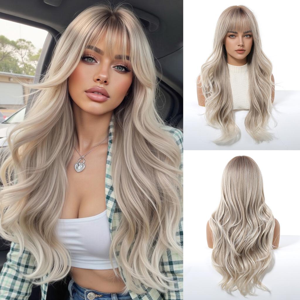 Long Golden Blonde Wave Synthetic Wigs with Bangs for Women Golden Brown Natural Cosplay Costume Daily Hair Wigs Heat Resistant