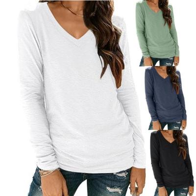 Frühling Herbst V-ausschnitt Langarm T-shirt Einfarbig frauen Top T-Shirts frauen