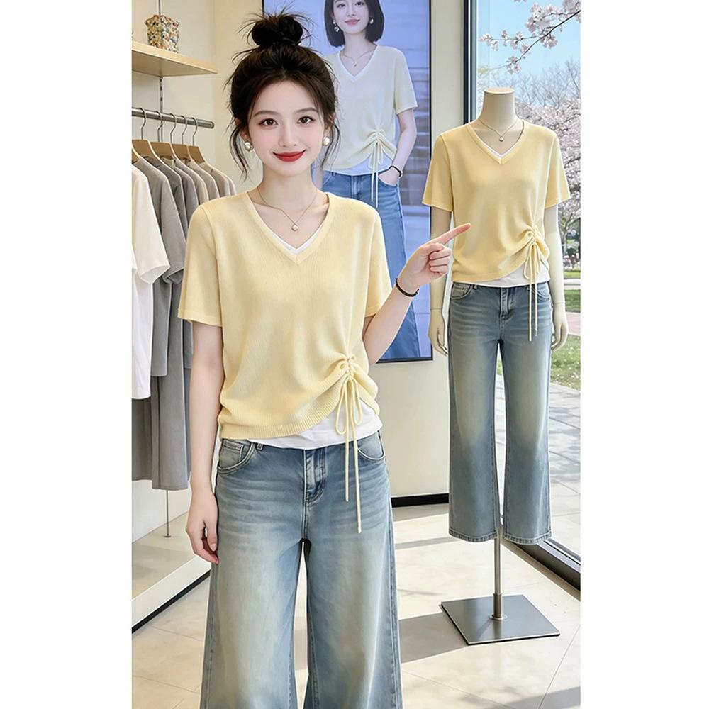 Thin breathable fake two-piece short-sleeved pullover knitted t-shirt summer temperament versatile and thin drawstring top