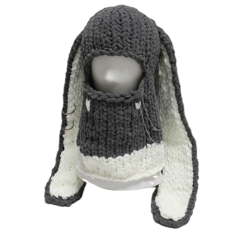 New Hand-Knitted Velvet Rabbit Ear Hat with Devil Horns - Warm, Thick, Sweet, and Stylish Spicy Girl Face Mask