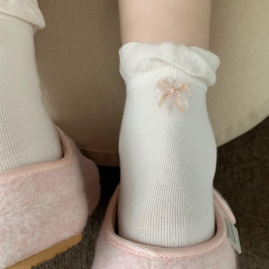 Embroidered Bowlace Ankle Socks for Children, Mid-length Stockings, Suitable for Spring and Summer, Made of Pure Cotton, Versatile for Ballet Style.