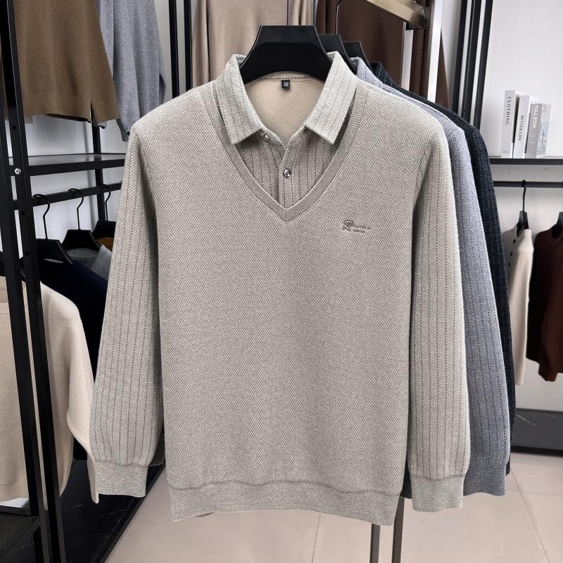 Brand Luxury Men'S Plush Fake Two Piece Long Sleeve Knitted Sweater Winter New Solid Color Print Warm Fashion Business Menswear
