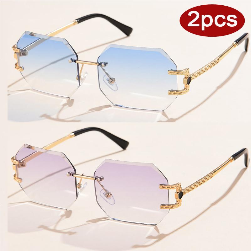 2pcs Fashion Women Rimless Polygon Sun Glasses Metal Frame Colorful  Cutting Lens Glasses Ladies Brand Designer Eyeglasses UV400