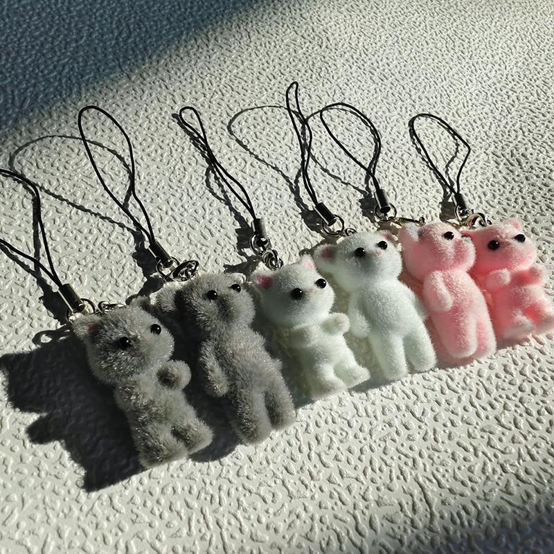 Cartoon Flocking Cat Přívěsek Telefon Lanyard Roztomilý Bear Panenka Popruh na mobilní telefon