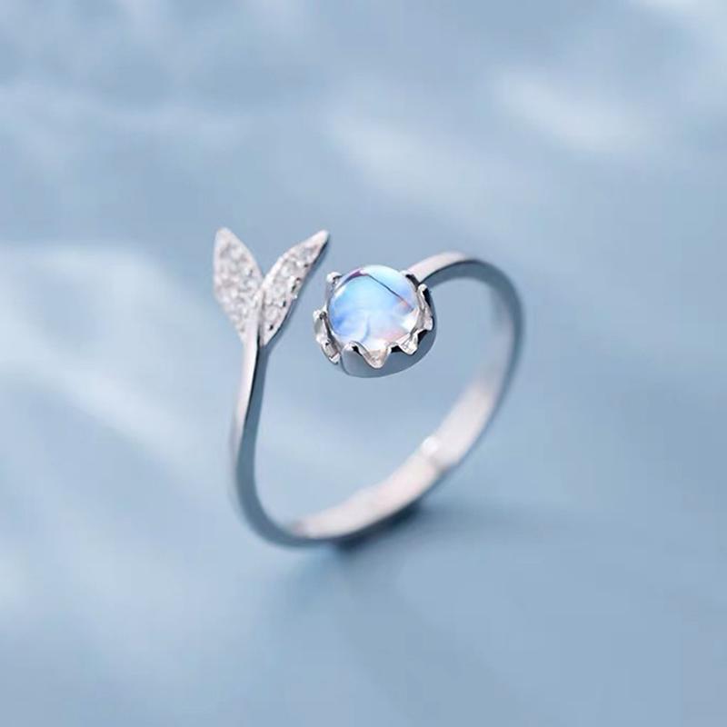 Women Zircon Moonstone Dolphin Cat Tassel Open Ring Adjustable Wedding Party Jewelry Gift