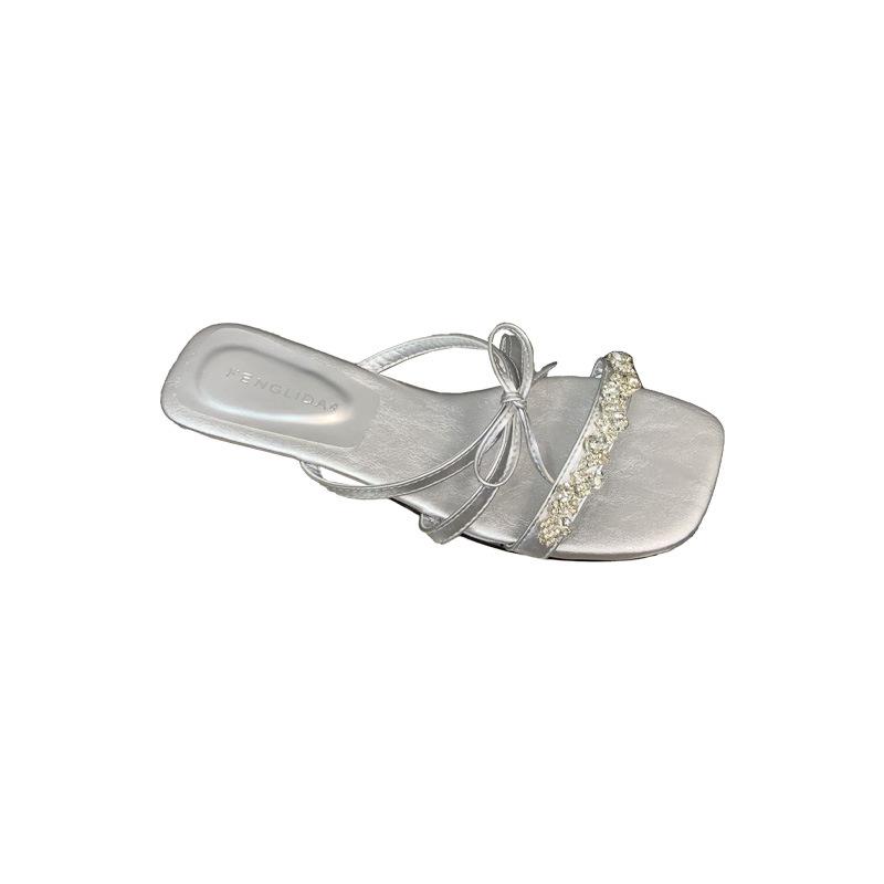 Thin ribbon rhinestone bow one-word drag fairy style high-end sandals outer wear 2025 new