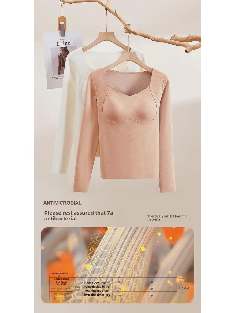 Damen 75D Milchseide Langarm-BH mit Brustpolstern - Winterwärme, Konstante Temperatur, Antibakteriell, Nahtlos, Schnell wärmend.