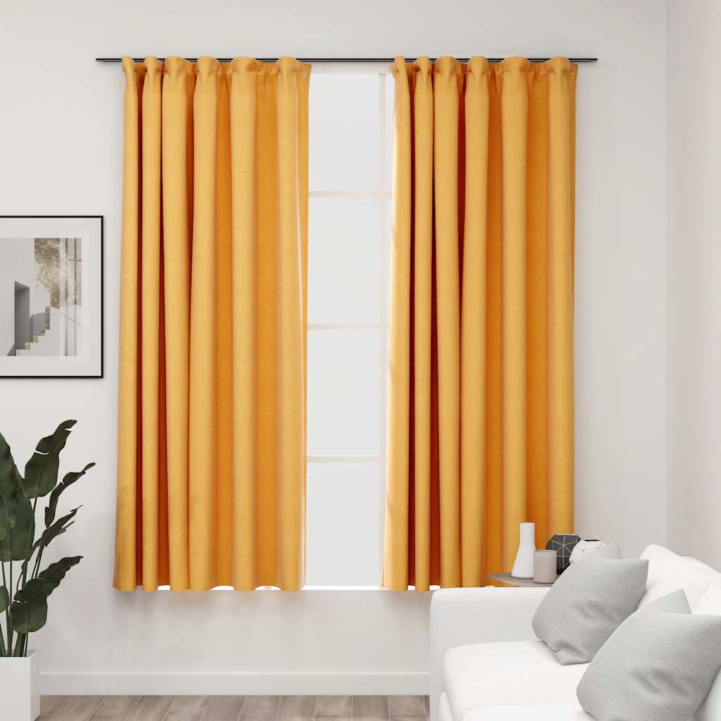 Blackout Curtains with Hooks Linen Look 2 Pcs Yellow 140 X 175 Cm