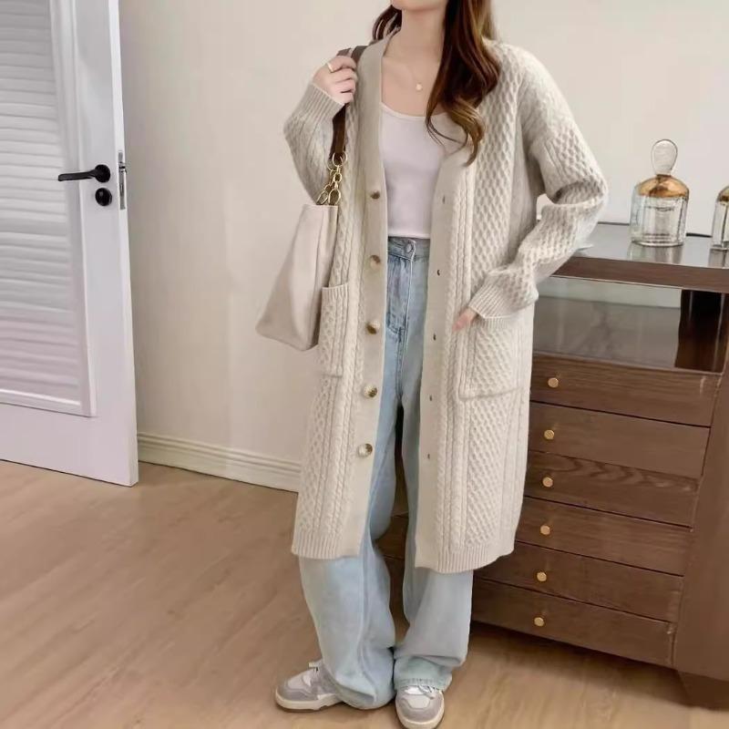 Long sweater jacket women's autumn new twist sweater cardigan long lazy thick knitted cardigan jacket