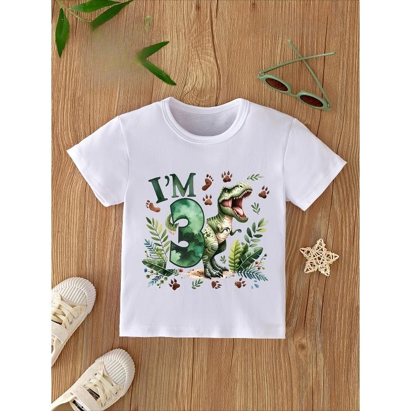 European Sizes I'm3 Dinosaur Cute Cartoon New Letter Print Kids Crew Neck Short Sleeve T-Shirt Casual Cute Boys Children Pullover