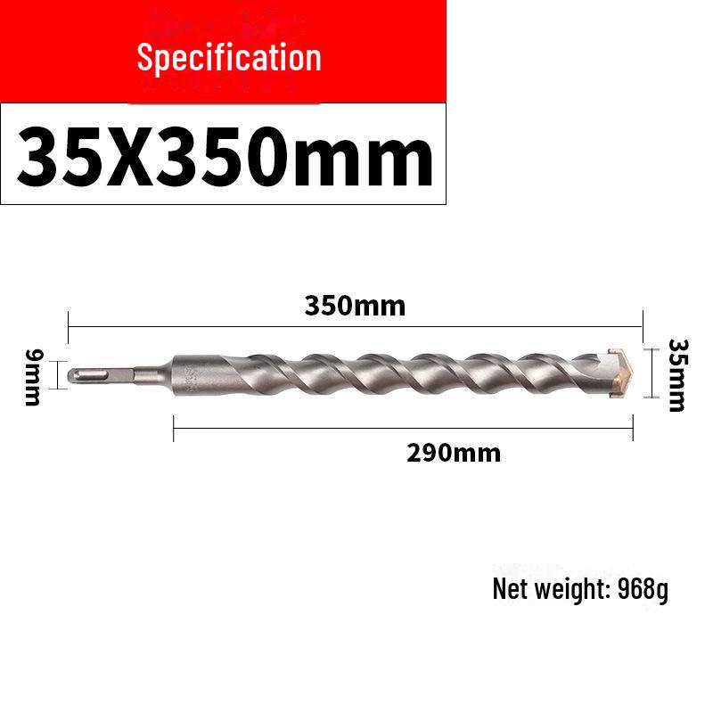 Impact Hammer Drill Bit for Drilling Through Concrete and Cement Walls with Round and Square Handles, Two Pits, and Two Grooves.