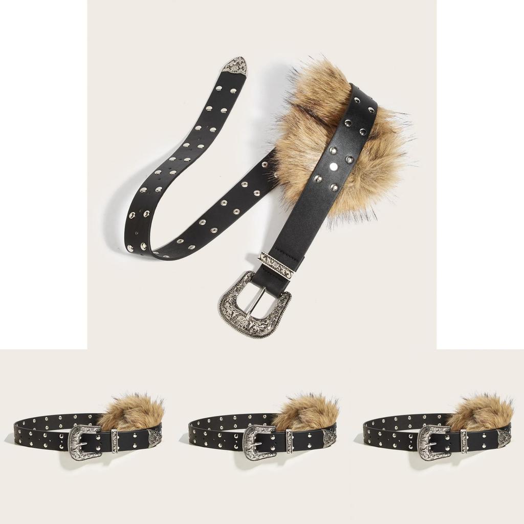 Unique Pu Leather Waist Belt Artificial Fur Design And Carved Needle Buckle For Street Style Fans