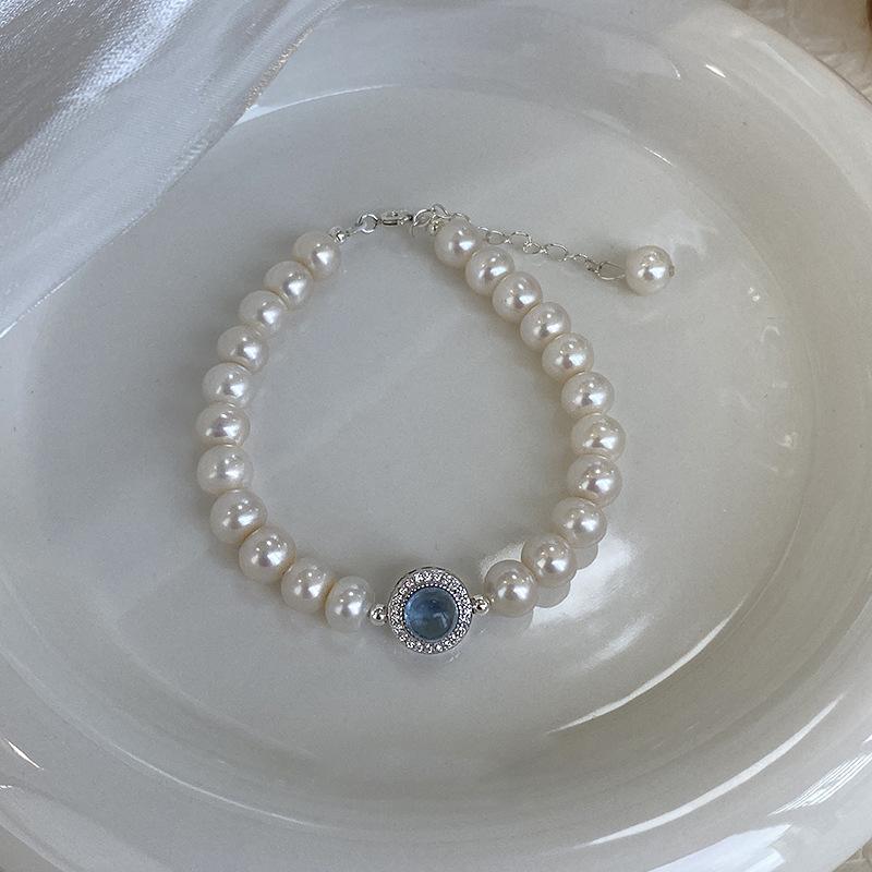 Silver aquamarine pearl bracelet, light luxury niche high-end feel, new popular French-style jewelry Aquamarine Pearl Bracelet