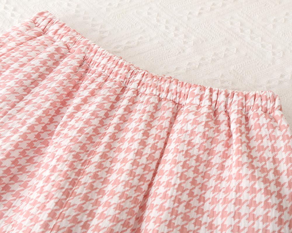 Women's Summer Plaid Cotton Gauze Pajama Set with Short Sleeves and Loose Fit Pants