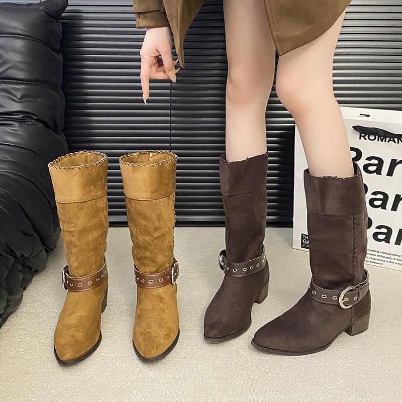 2025 new women's shoes niche retro hand stitched wedge heel pointed straight boots metal belt buckle wedge heel knight boots