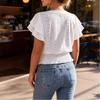 Women Round Neck Eyelet Embroidery Ruffle Sleeve Smocked Waist Casual Blouse Tops