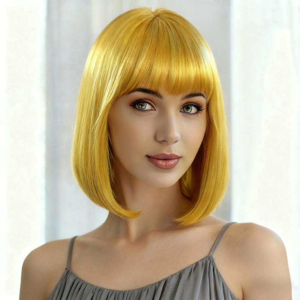 

Synthetic Short Black Brown Blond Wigs with Bangs Women Natural Orange Pink Gray Yellow Wave Hair for Daily Cosplay High Temperature Fibre жовтий