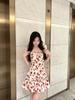 French retro seaside vacation red print floral dress waist sweet summer wind super beautiful women's short skirt