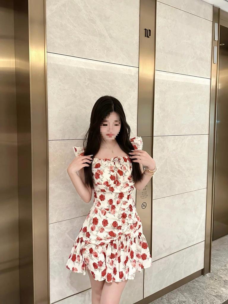 French retro seaside vacation red print floral dress waist sweet summer wind super beautiful women's short skirt