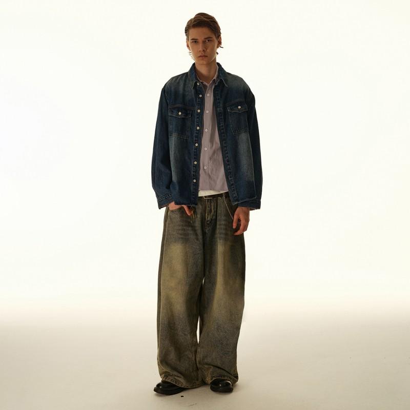 Mens Womens Loose Fit Washed Denim Shirt Casual Streetwear Cotton Button-Up Top Fall