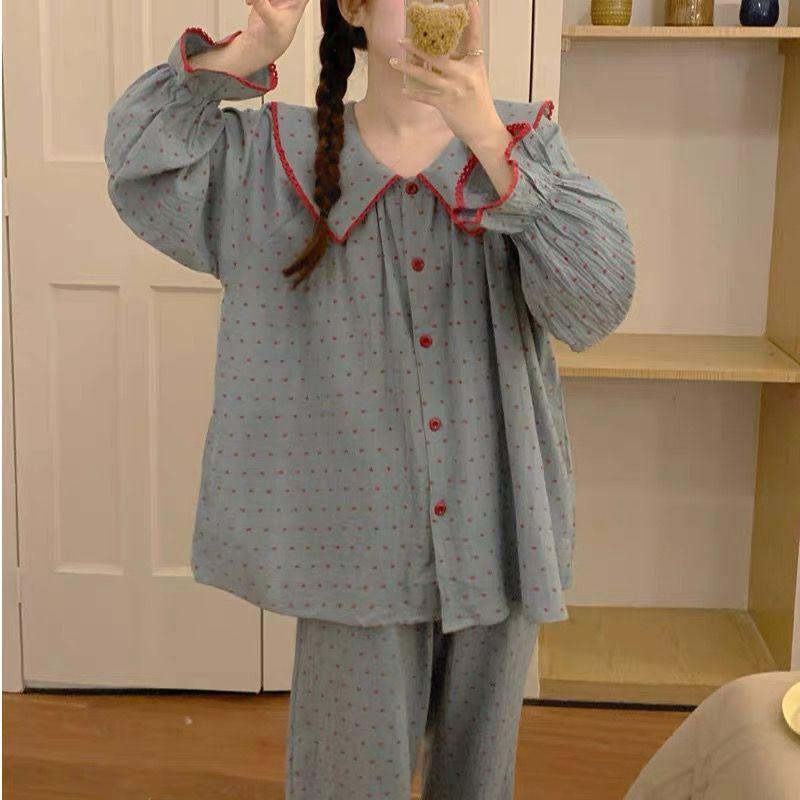 Women's Cloud Cotton Polka Dot Pajama Set with Peter Pan Collar and Lace Trim