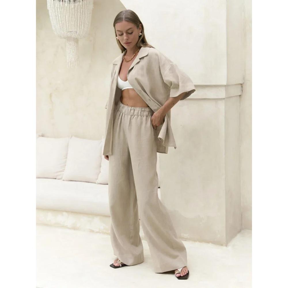 100% Baumwolle Kurzarmhose 2-teiliges Set Damen Einfarbig Kurzarmshirt Lockere Hose Freizeitset