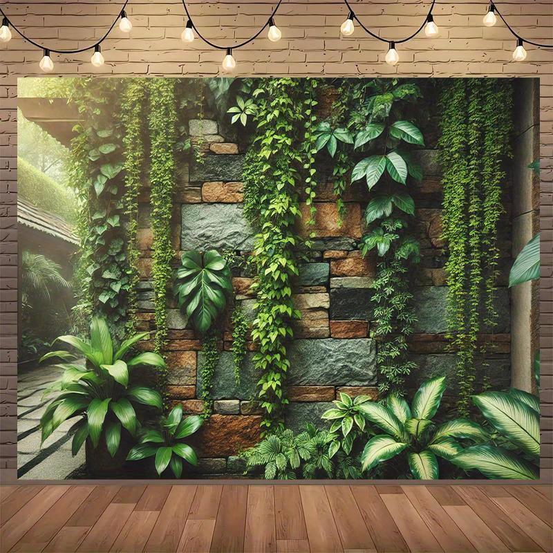 Lush Greenery Tapestry: Stone Wall With Cascading Plants For A Serene Living Room Decor