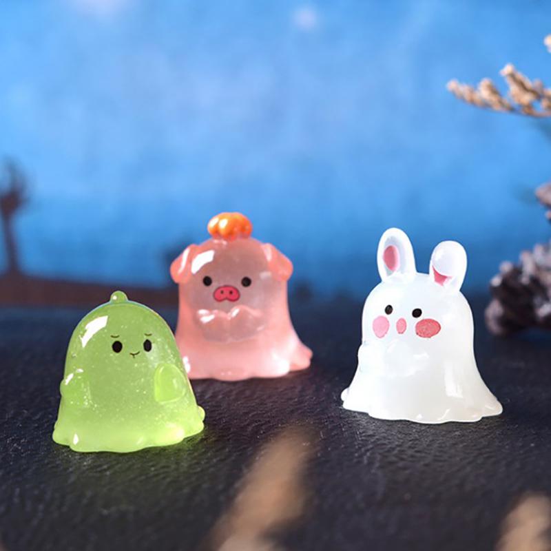 Figurine Luminous Miniature Funny Ghost Pig Rabbit Animals Micro Landscape Ornaments For Halloween Decorations Home Desk Decor