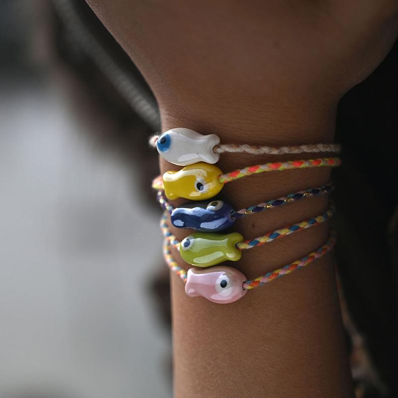 2Pcs Ceramic Fish Bracelet For Women Handmade Woven Colored Rope Boho Wrap Charm Bracelet Friendship Popular Jewelry