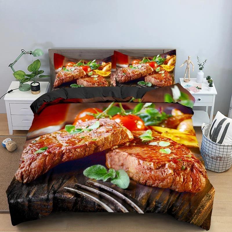 Essen Rindfleisch Bettwäsche Set 3D Frisches Fleisch Bettbezug King/Queen Größe Köstliche Meeresfrüchte Sashimi Hähnchenschenkel Steak Realistischer Bettdeckenbezug