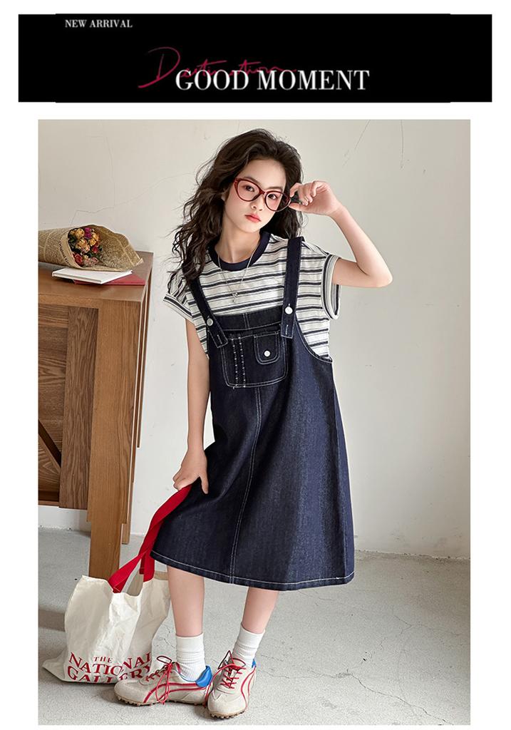 Girls' Cowboy Strap Skirt Set 2026 Summer Korean Edition Striped Short Sleeve Two Piece Set Girls' Casual Dress