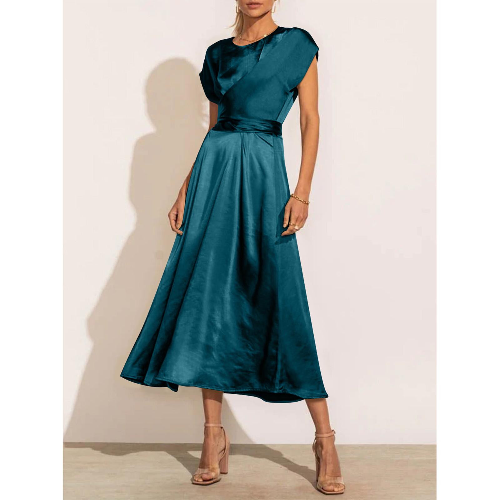 

Женское атласное платье с короткими рукавами и запахом, элегантное струящееся трапециевидное платье для свадебного гостя, вечернее платье макси S синий