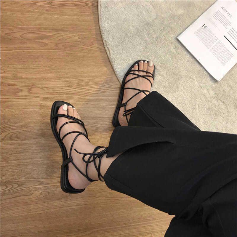Women's Fairy Style Lace-up Roman Sandals - Flat Heel, Versatile and Gentle Summer Beach Footwear