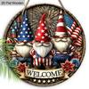 2D Flat 1pc Patriotic Gnome Welcome Wooden Hanging Sign - Red White & Blue USA Themed Rustic Round Door Plaque for Home, Porch - Ideal for 4th of