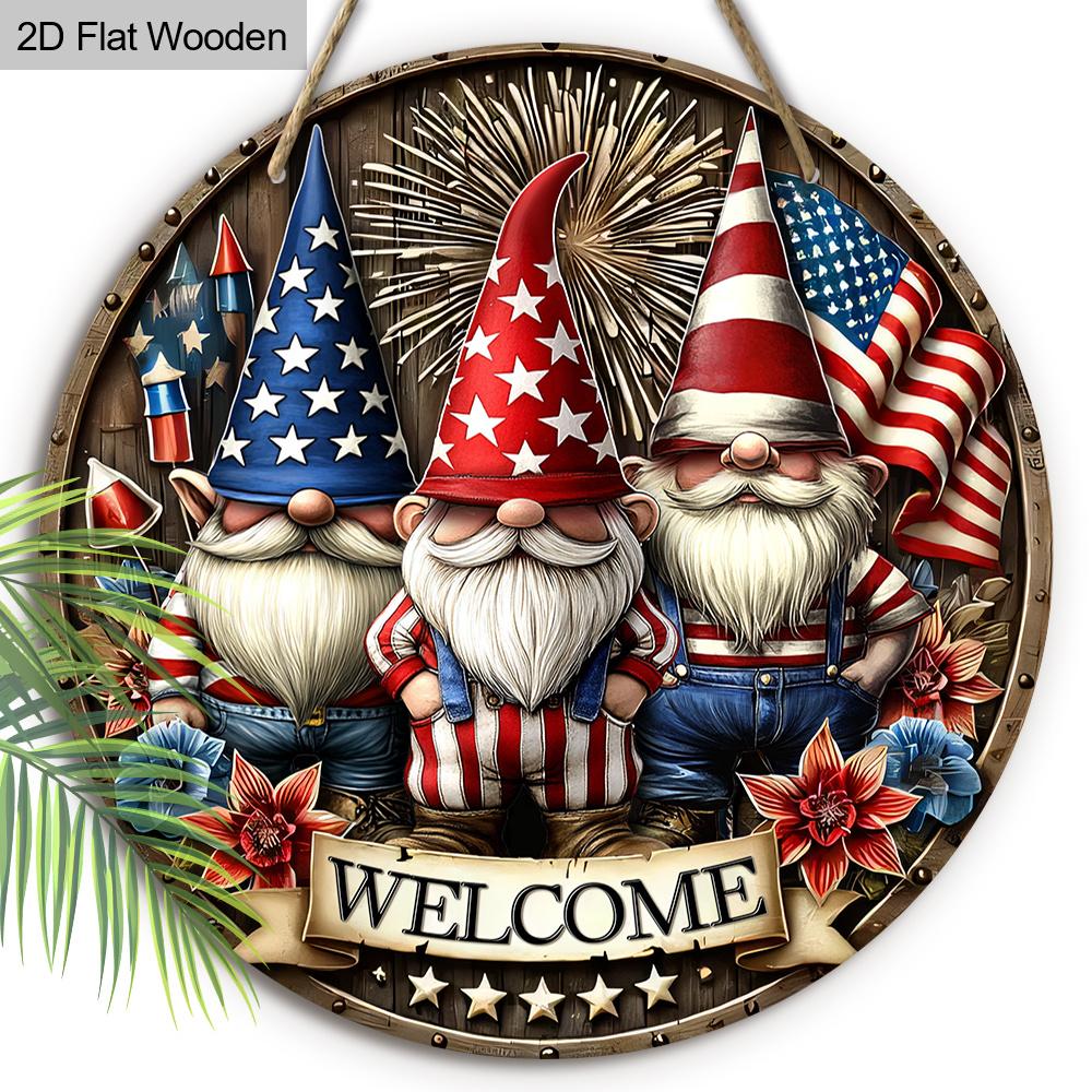 2D Flat 1pc Patriotic Gnome Welcome Wooden Hanging Sign - Red White & Blue USA Themed Rustic Round Door Plaque for Home, Porch - Ideal for 4th of