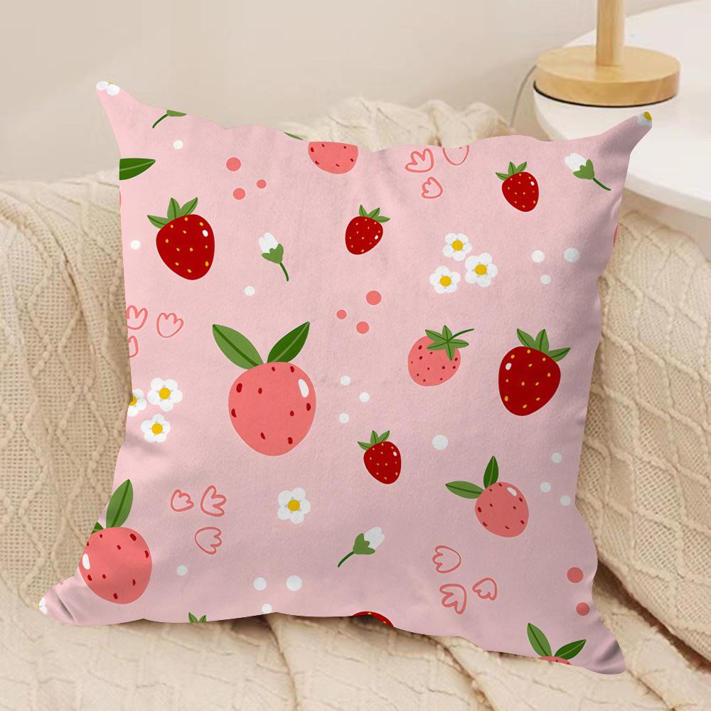 Cute Strawberry girl pink Cushion Cover Silky Short Plush Invisible Zipper Dustproof Sofa Pillow Case for Home Decor