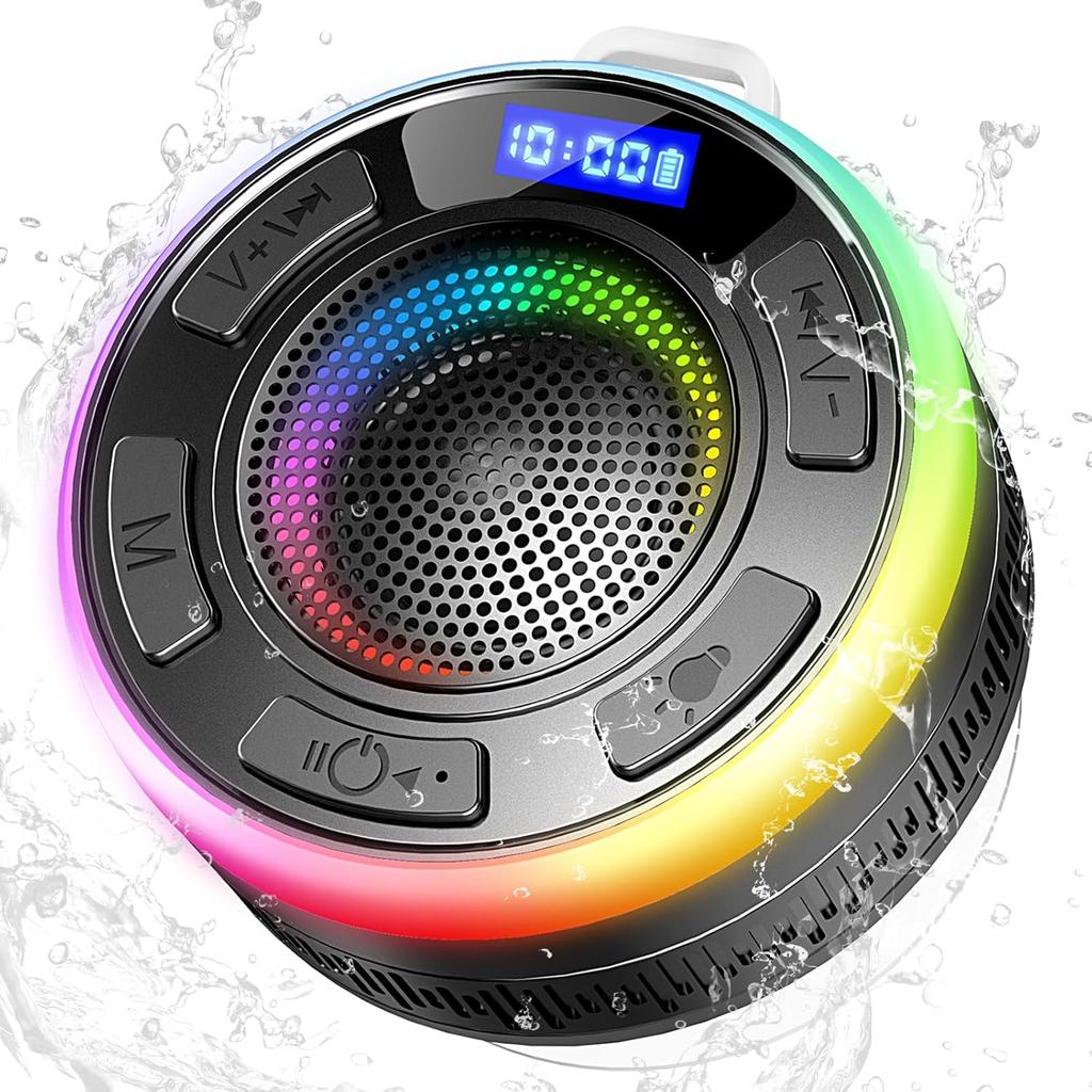 Bluetooth Shower Speaker, Portable Bluetooth Speakers IP7 Waterproof with Suction Cup and Time Display, Wireless Speaker with LED Lights,1100mAh,