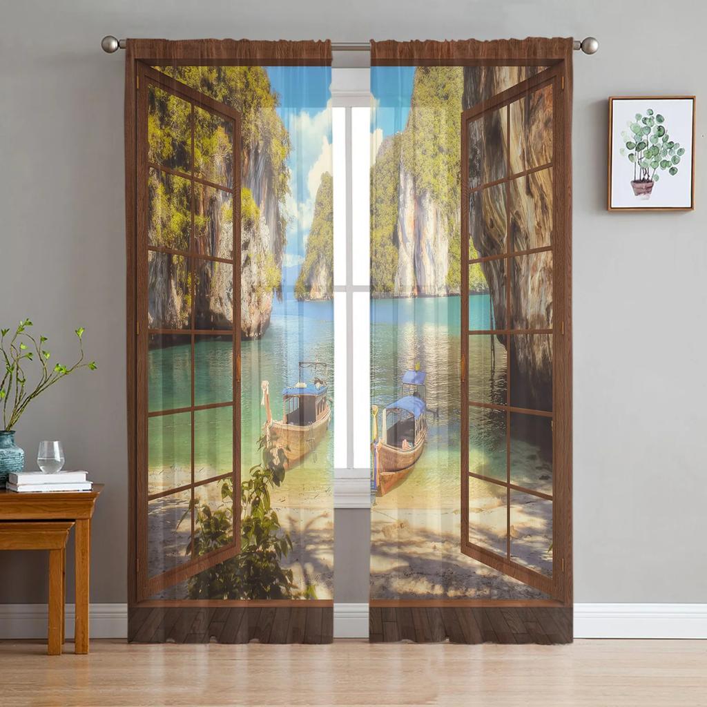 Arbor Baum See Landschaft Voile Vorhang Wohnzimmer Transparent Tüll Fenster Vorhänge Schlafzimmer Zubehör Dekor Durchsichtig Hergestellt aus Polyester Flächenbehandlung
