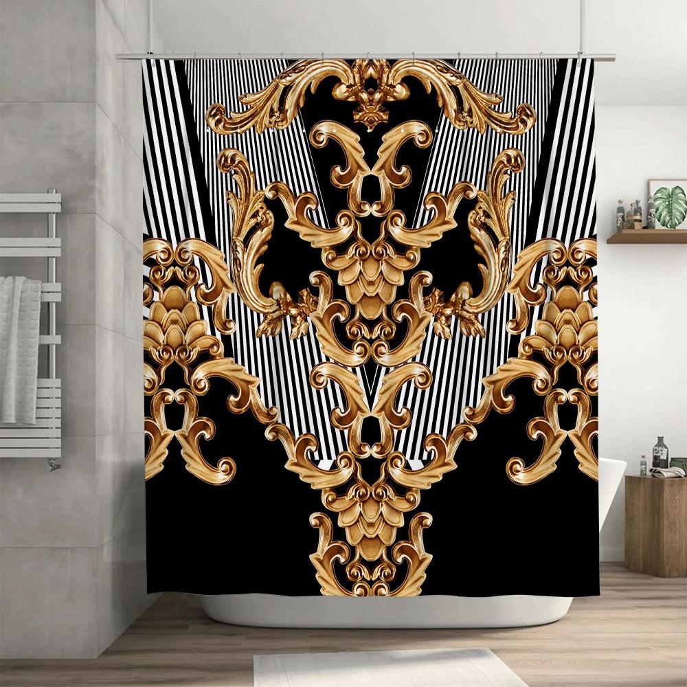 Luxurious Golden Baroque Shower Curtain for Bathrooms Waterproof Fabric with Striped Pattern Decoration Black White Design (Size