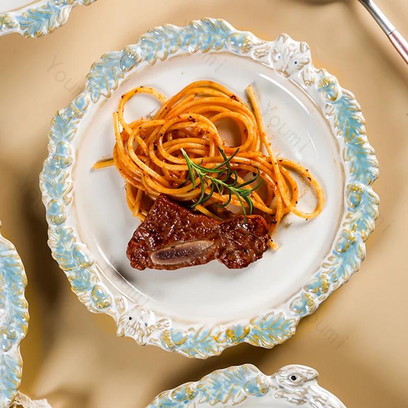 French Style Embossed Dining Plates Light Luxury Creative Ceramic Plate Set Desserts Salad Bowls Exquisite Household Tableware