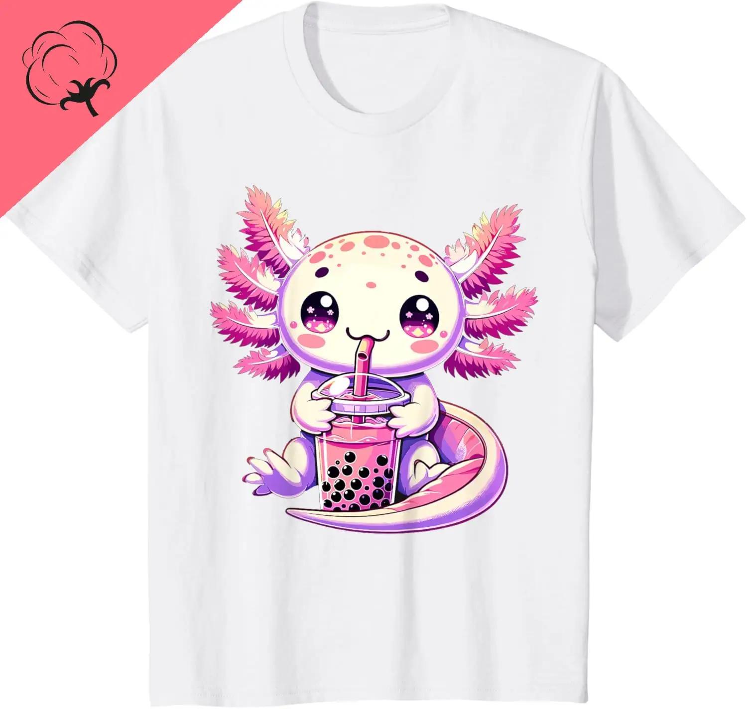 

Cute Axolotl Drinking Bubble Boba Tea Kawaii Animal Graphic T Shirt Unisex Soft Summer Tee 4XL