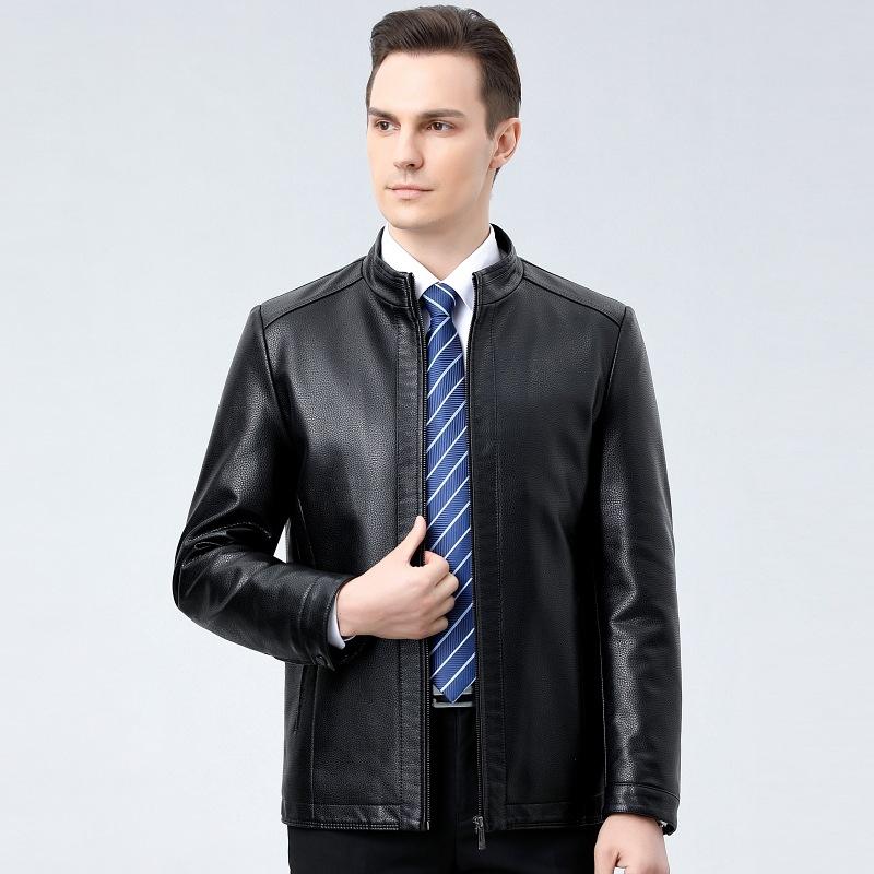 New Autumn and Winter Sheepskin Leather Jacket for Men with Stand Collar, Young and Middle-aged Casual Dad Jacket, Motorcycle Leather Jacket